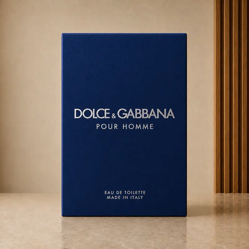 Dark blue Dolce&Gabbana Pour Homme Eau de Toilette box shown from the front.