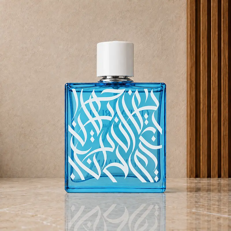 Blue Ocean Rush bottle seen from the rear, with white calligraphy and a white cap