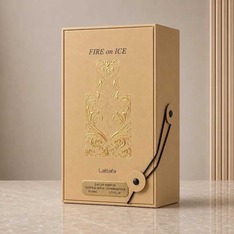 Lattafa Fire On Ice 110 ml presentation box with gold ornament, black cord and volume plate.