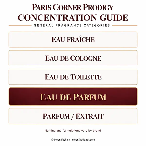 General fragrance concentration guide for Paris Corner Prodigy with Eau de Parfum highlighted