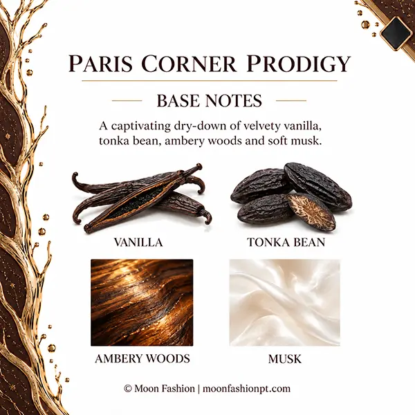Paris Corner Prodigy base notes infographic with vanilla, tonka bean, ambery woods and musk