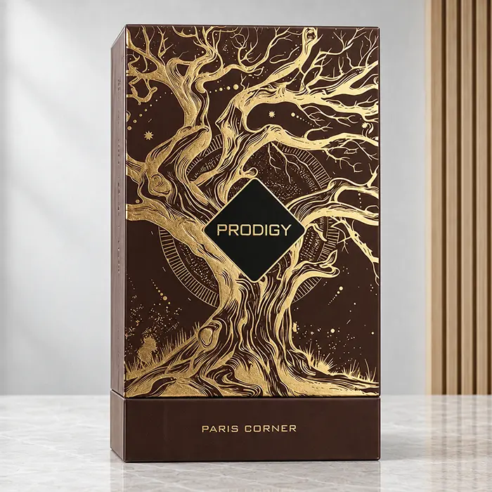 Paris Corner Prodigy dark brown box with gold tree artwork, front view