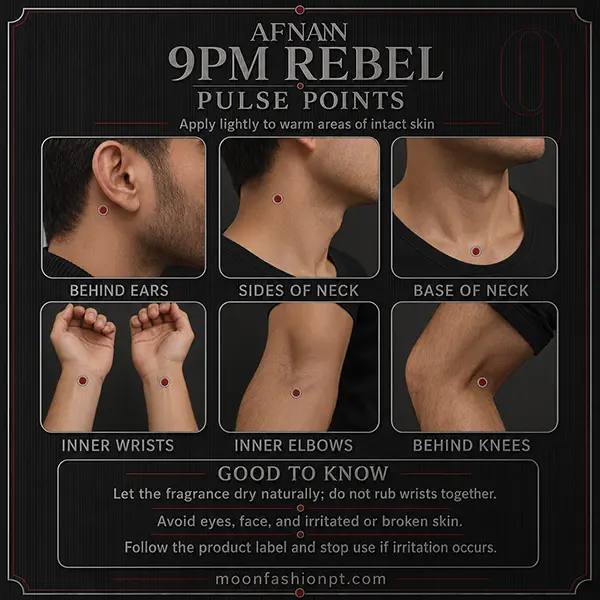 Pulse-point guide for applying Afnan 9PM Rebel to the neck, wrists, elbows and behind the knees