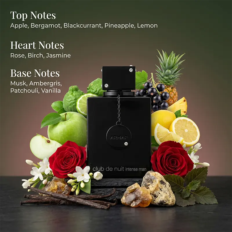 Complete olfactory pyramid of Armaf Club de Nuit Intense Man, showcasing its sophisticated woody-spicy European accords.