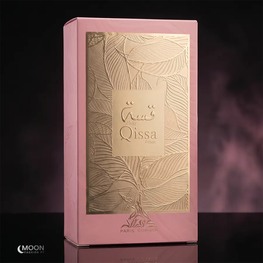 Qissa Pink Women's perfume comes in a sophisticated pink box adorned with intricate gold leaf patterns.