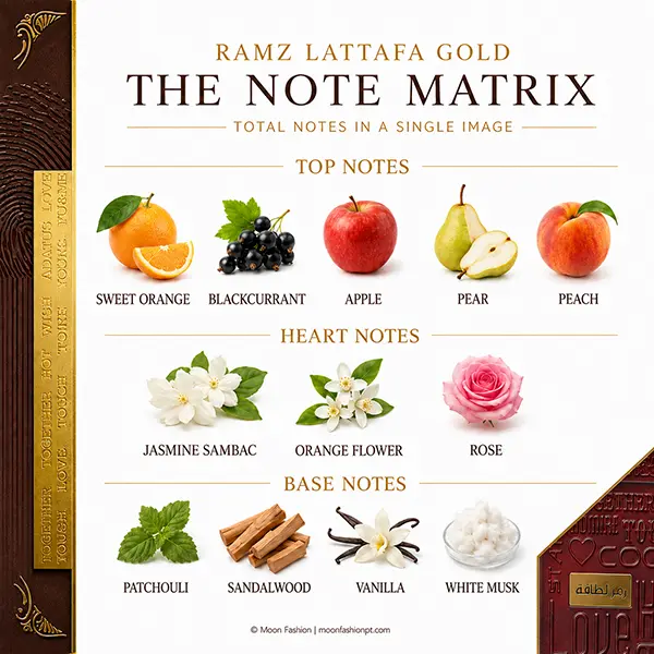 Ramz Lattafa Gold note matrix showing 12 labelled top, heart and base fragrance notes.