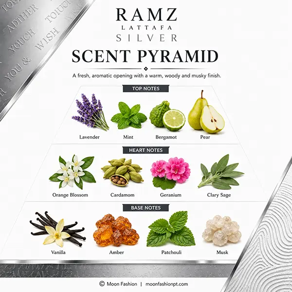 Ramz Lattafa Silver scent pyramid graphic with visible top, heart and base note sections.