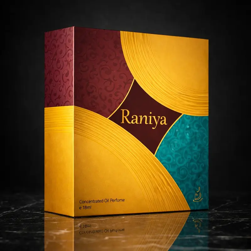 Raniya 18ml concentrated perfume oil box in burgundy, gold and blue packaging.