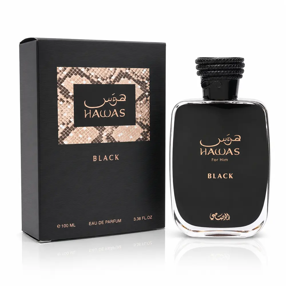 Rasasi Hawas Black For Him 100ml bottle and box on white with a soft reflection.