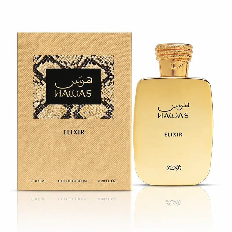 Rasasi Hawas Elixir 100 ml Eau de Parfum gold bottle beside its matching presentation box.