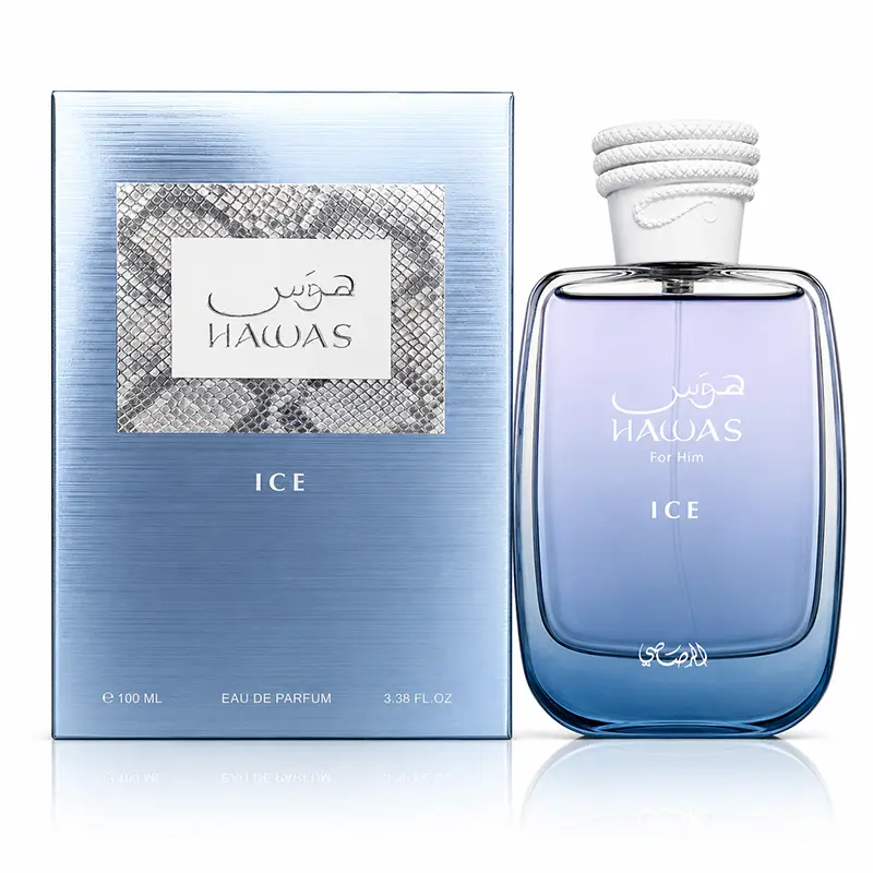 Rasasi Hawas Ice 100ml Eau de Parfum bottle and metallic blue box on a white background.