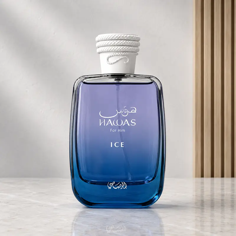 Rasasi Hawas Ice blue glass bottle shown from the front in the gallery studio.