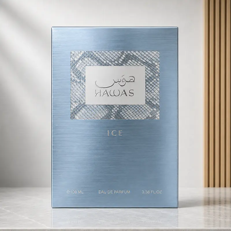 Front of the Rasasi Hawas Ice metallic blue box with silver patterned panel and ICE branding.
