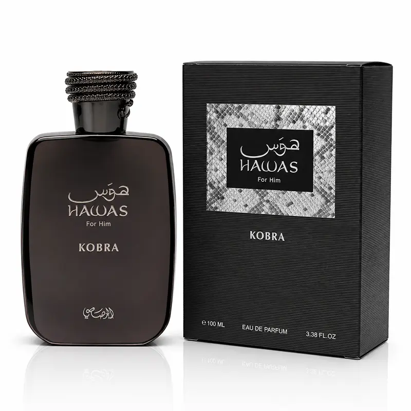 Hawas Kobra 100ml Eau de Parfum bottle beside its black presentation box on white.