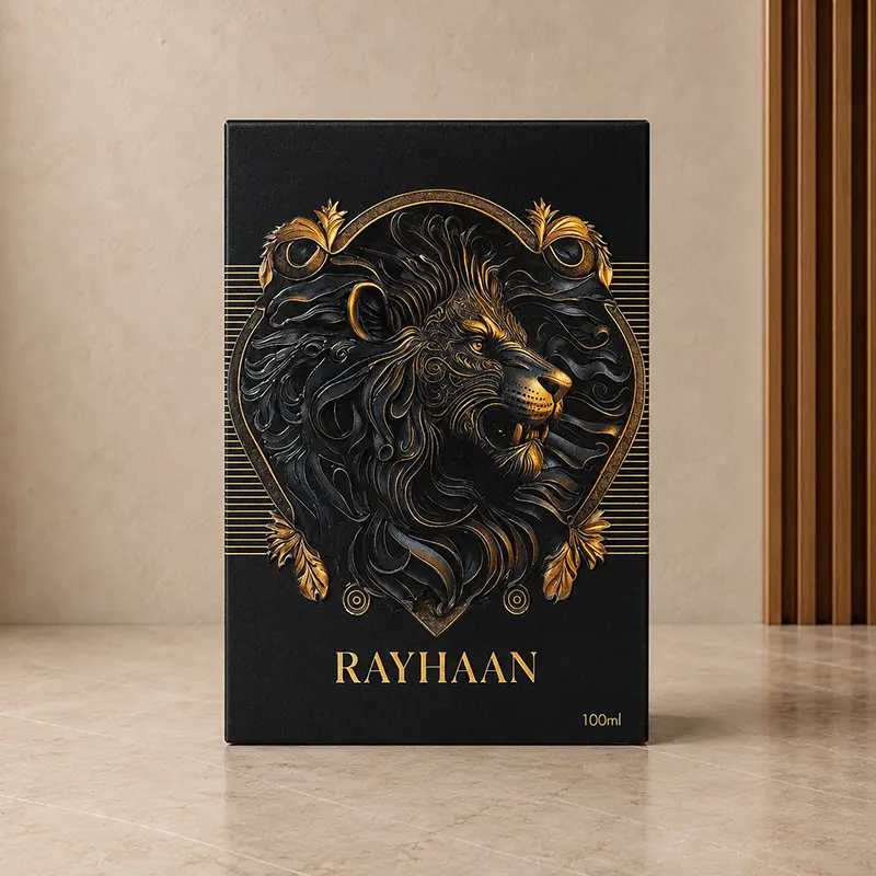 Black 100ml Rayhaan perfume box with ornate gold lion artwork and branding.