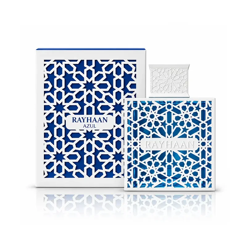 Rayhaan Azul Eau de Parfum bottle and matching blue-and-white geometric presentation box on a white background.