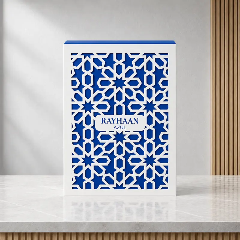Front view of Azul perfume box showing the blue geometric pattern and central Rayhaan label.