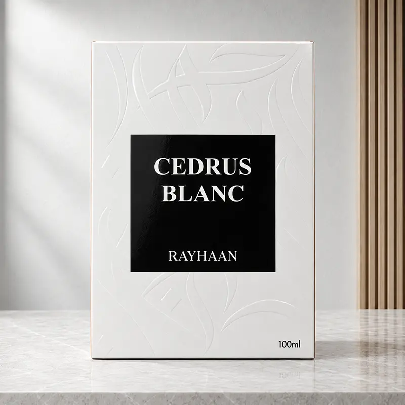 Front of the Rayhaan Cedrus Blanc 100ml perfume box with embossed detailing and a black name panel