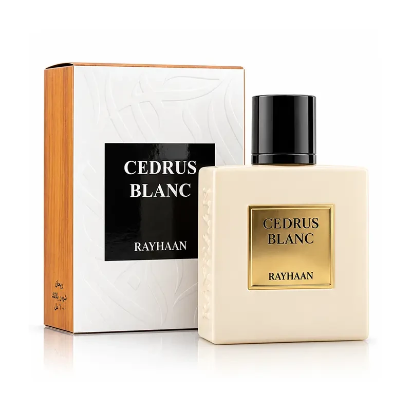 Rayhaan Cedrus Blanc Eau de Parfum bottle with black cap and gold label beside its white presentation box