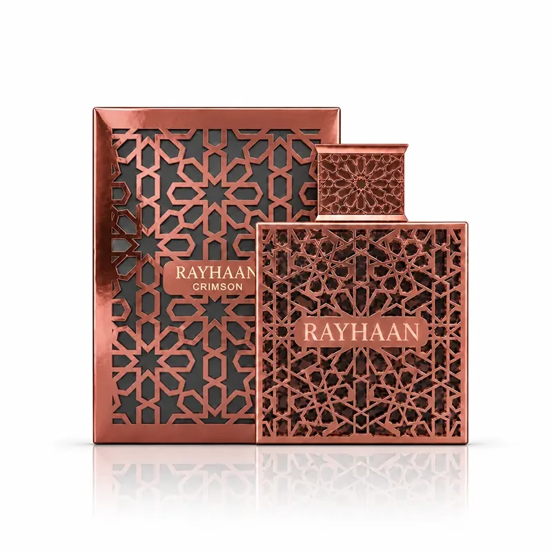 Rayhaan Crimson Eau de Parfum bottle and matching carton against a clean white background.