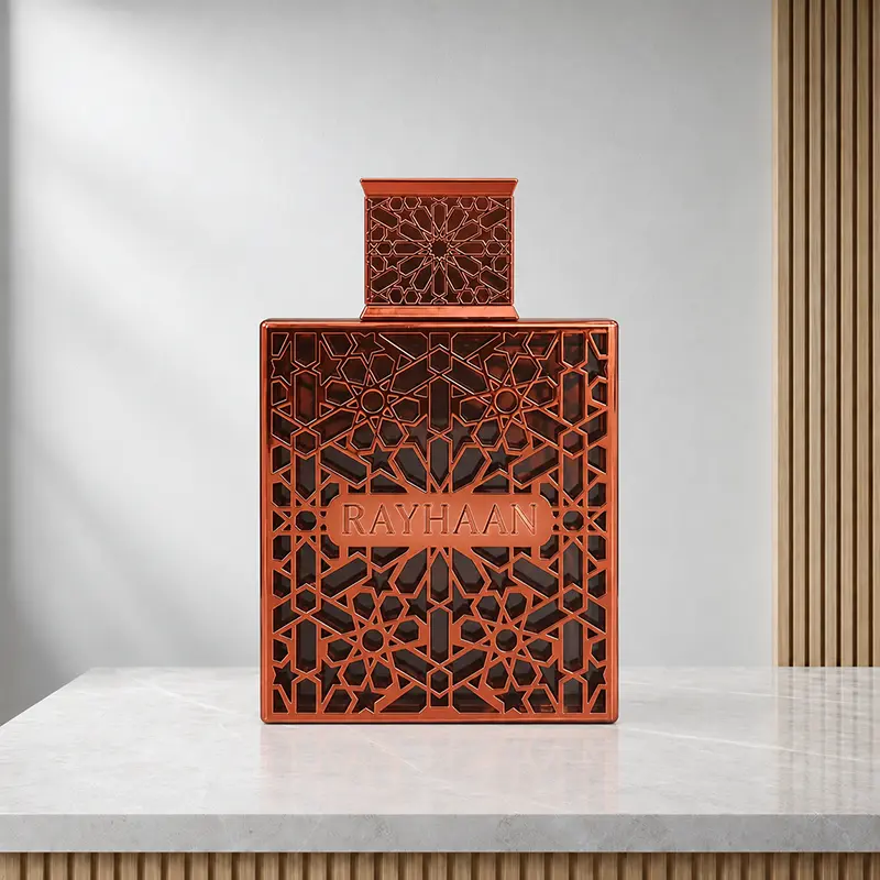 Rayhaan Crimson bottle with a square patterned cap and copper-red lattice over a dark front.