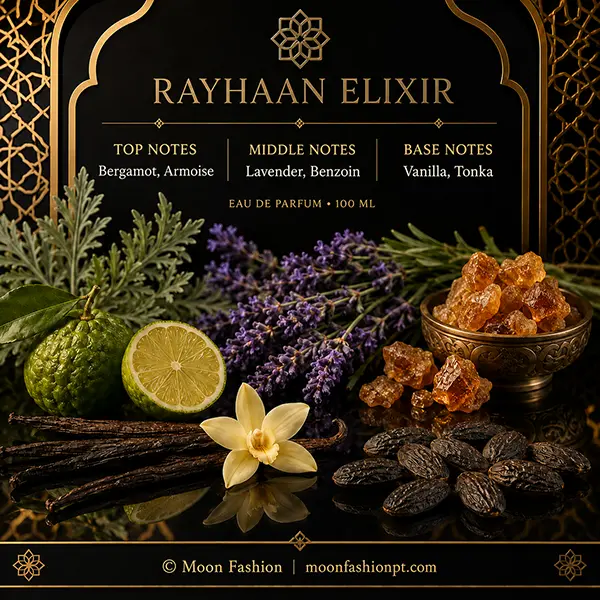 Fragrance-note graphic for Rayhaan Elixir with bergamot, armoise, lavender, benzoin, vanilla and tonka.