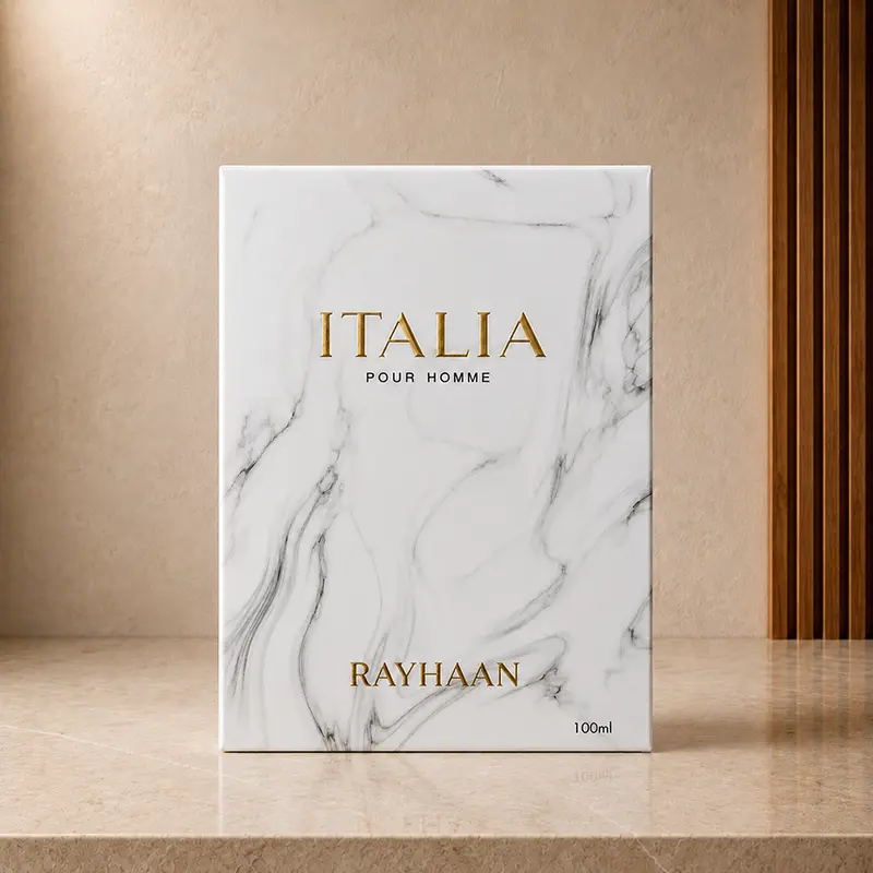 Rayhaan Italia 100ml box front with white marble-look pattern, gold lettering and black size text