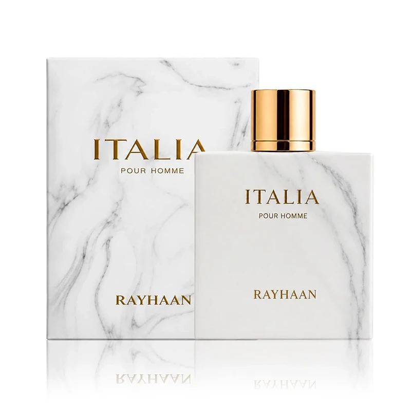 Rayhaan Italia Eau de Parfum bottle and box on white with a soft shadow and reflection