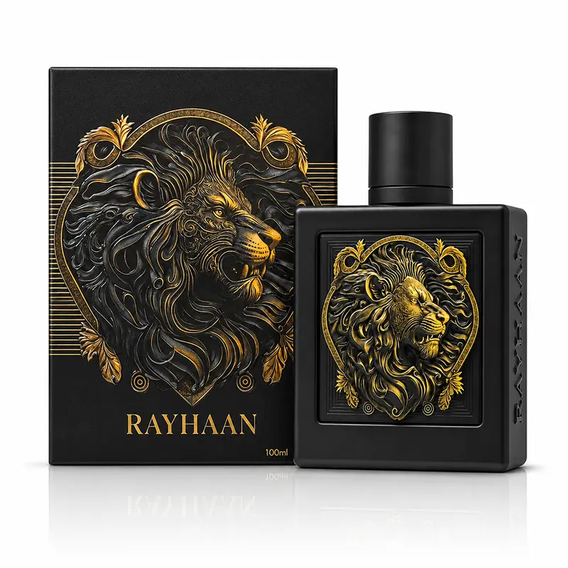 Rayhaan Lion 100ml perfume bottle beside its matching black box.