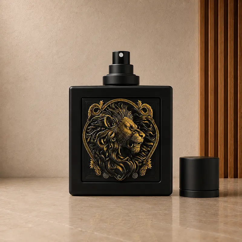 Black perfume bottle with spray nozzle exposed and the cap placed beside it.