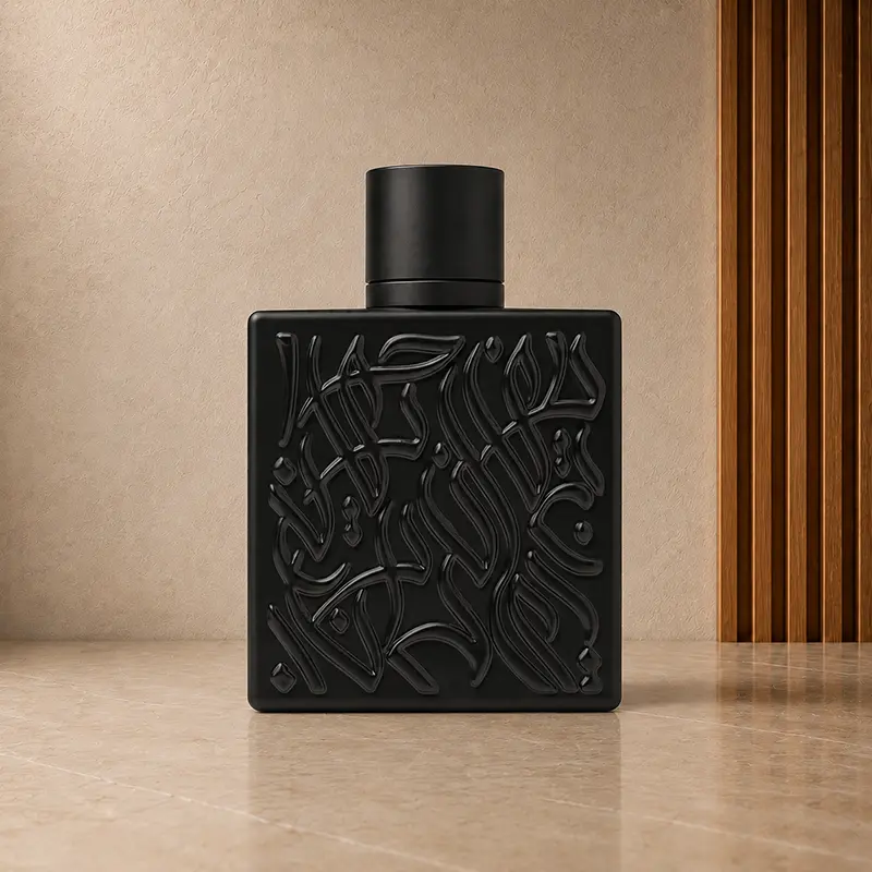 Rear of the black perfume bottle with raised tonal decorative detailing.