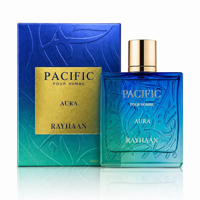 Rayhaan Pacific Aura 100ml bottle with matching blue-green box and gold label.