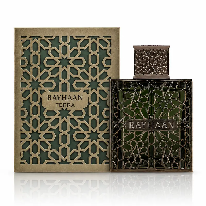 Rayhaan Terra box and ornate green bottle together on a white background with a soft reflection below.
