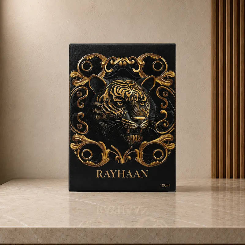 Rayhaan Tiger 100 ml black presentation box with gold tiger artwork on a stone surface.