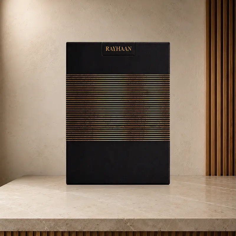 Rear of the black Rayhaan presentation box with fine gold horizontal lines and a Rayhaan label.