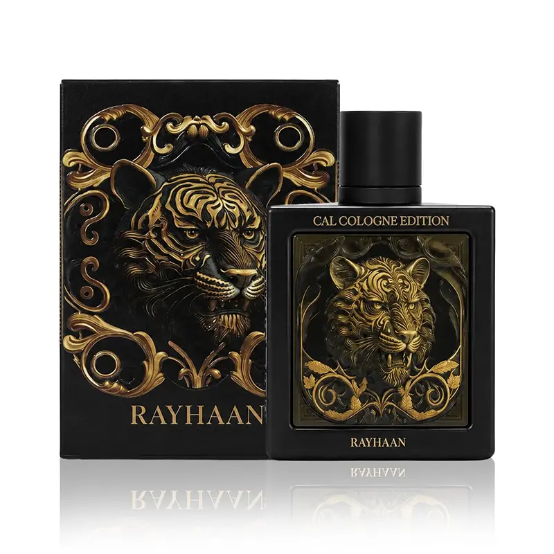 Rayhaan Tiger black bottle and matching tiger-illustrated box against a white background.