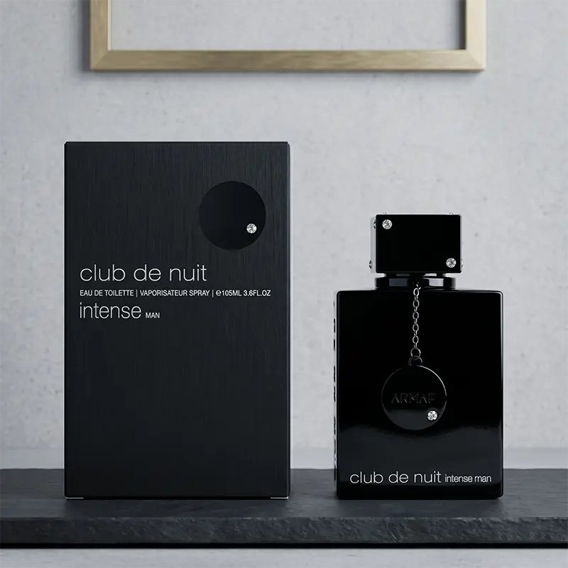 The sleek noir aesthetic of Armaf Club de Nuit Intense Man bottle, a luxury addition to any European fragrance collection.