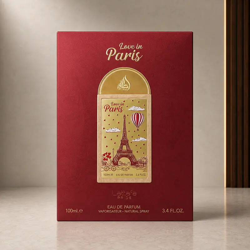 Red Love In Paris outer box showing the bottle artwork, Eau de Parfum and 100ml markings