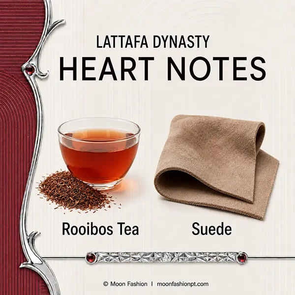 Rooibos tea and suede illustrated as the heart notes of Lattafa Dynasty