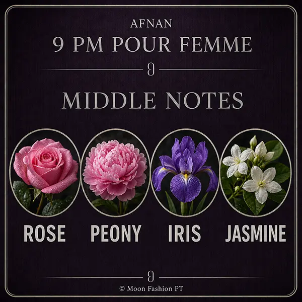 Floral middle-note graphic for Afnan 9 PM Pour Femme with rose, peony, iris and jasmine.