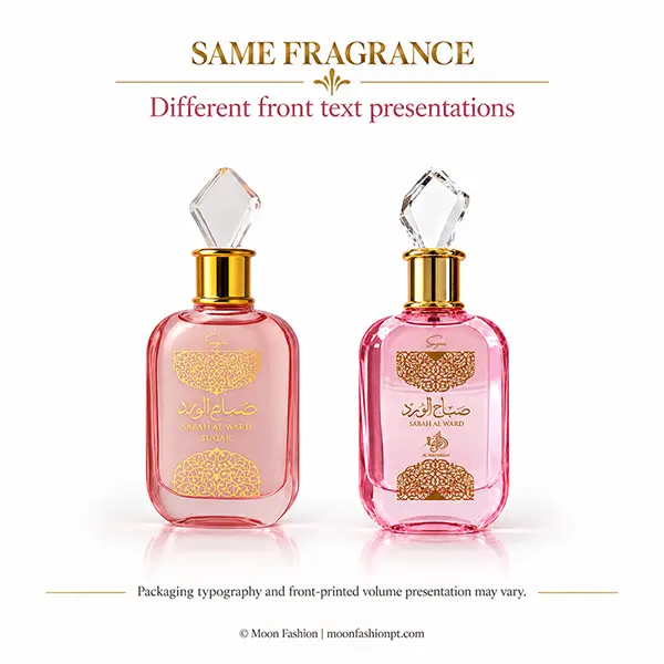 Two front artwork presentations of the Sabah Al Ward Sugar perfume bottle shown side by side.
