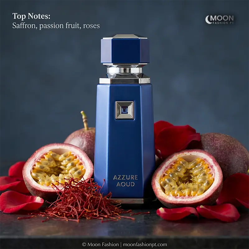The top notes of Azzure Aoud feature exotic passion fruit and saffron for a dazzling fruity-spicy opening.