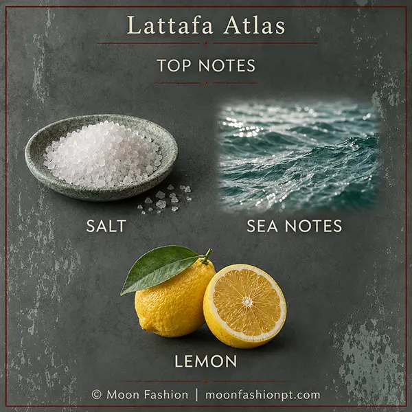 Salt crystals, ocean waves and lemon displayed as the top notes of Lattafa Atlas