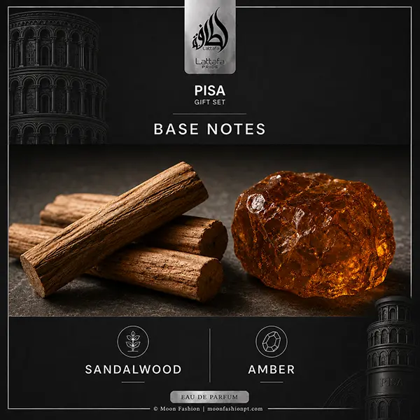 Pisa base notes graphic showing sandalwood and amber with Eau de Parfum label