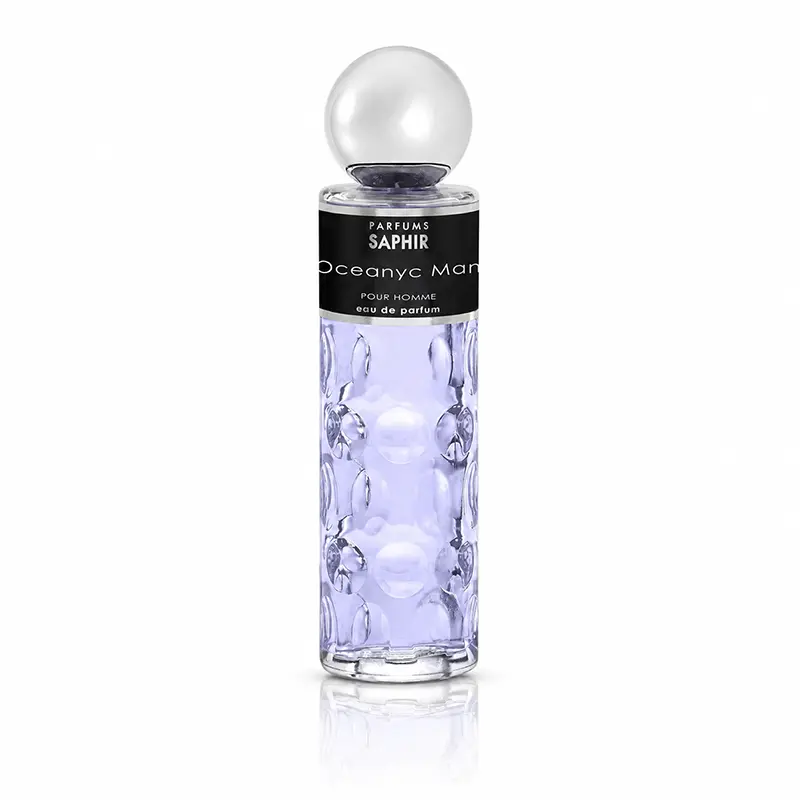 Saphir Oceanyc Man Eau de Parfum bottle with a spherical silver-coloured cap and a faint reflection on white.