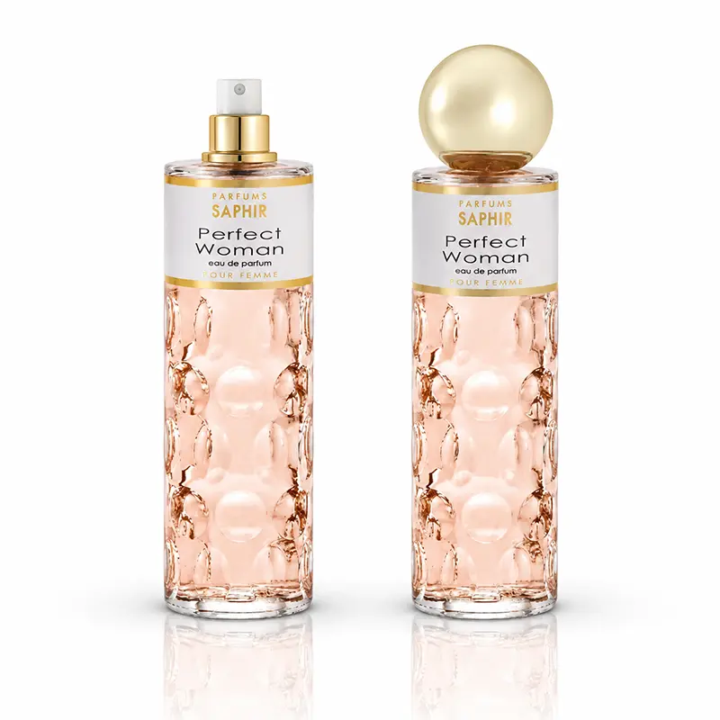 Two views of Saphir Perfect Woman Eau de Parfum, with the spherical cap on and the white atomiser exposed.