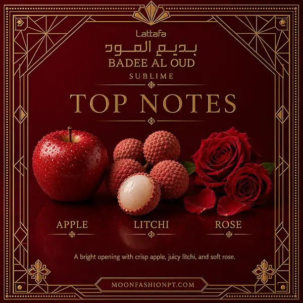 Scent profile breakdown graphic highlighting top notes of red apple, exotic litchi, and red rose petals.