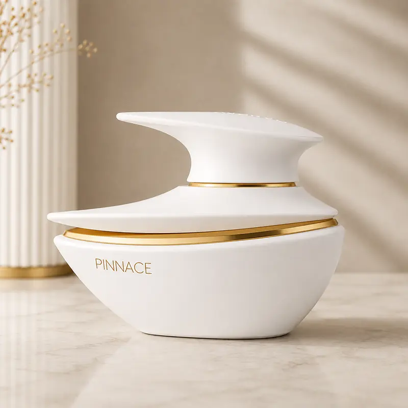 Sculptural white Pinnace Blanc parfum bottle with polished gold detailing and refined luxury styling.