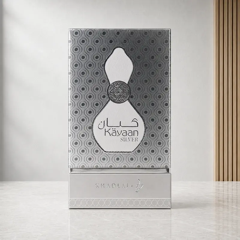 Silver Kayaan Silver presentation box with circular pattern and Khadlaj branding on the front