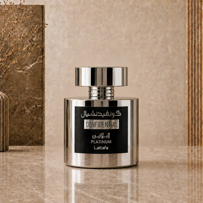 Lattafa Confidential Platinum silver bottle with black label on a beige marble surface